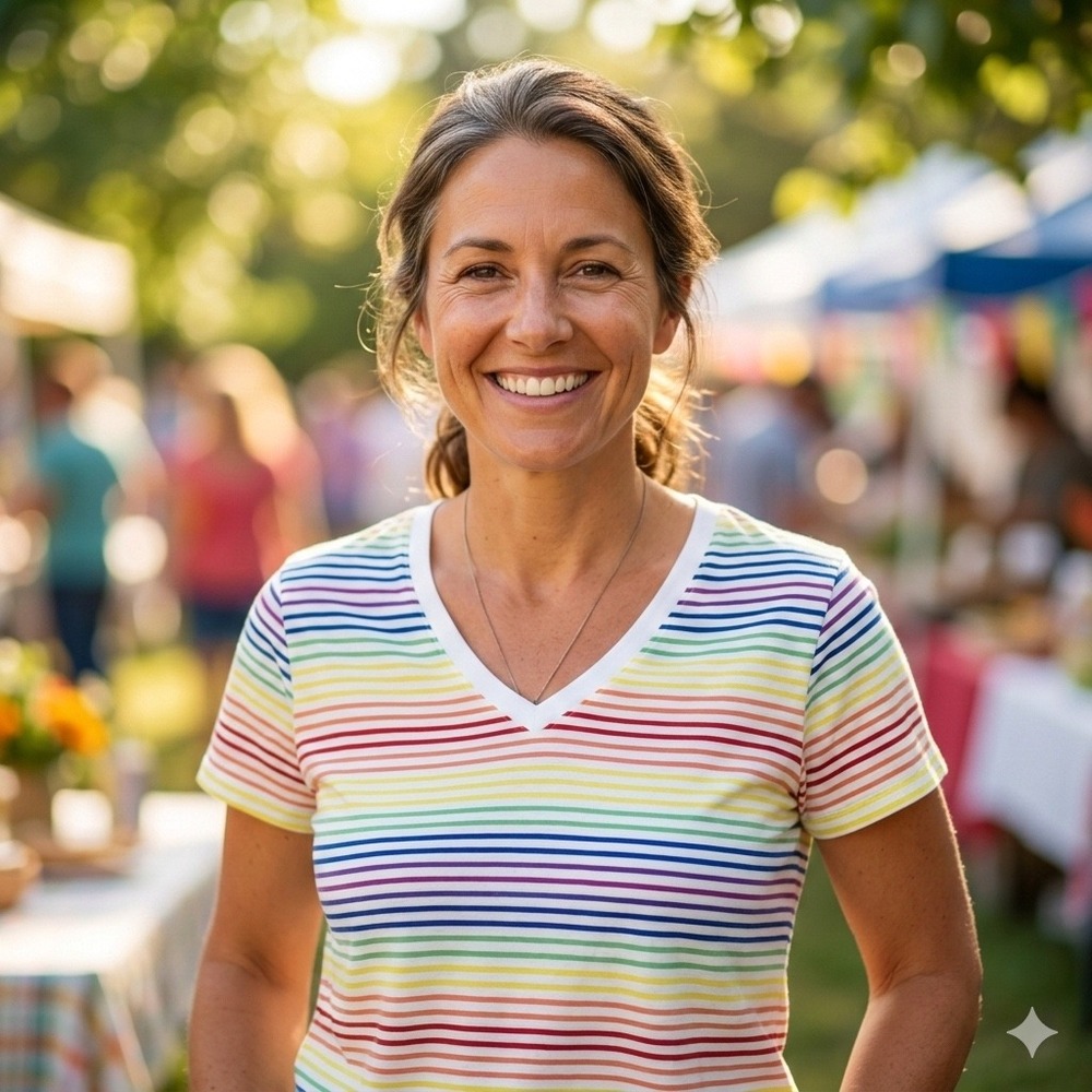 Lands' End Women's‎ S Rainbow Striped V-Neck Cotton T-Shirt Multicolor 411453